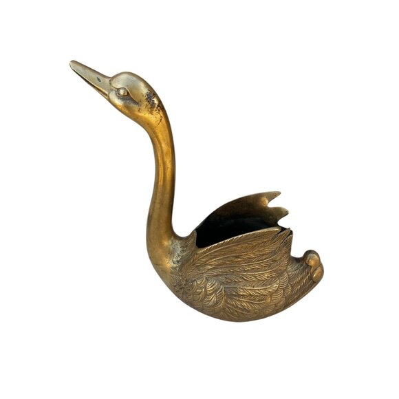 Solid Brass Swan Figurine Planter Vase Candle Holder 10" T Vintage Made in Korea - Picture 2 of 12